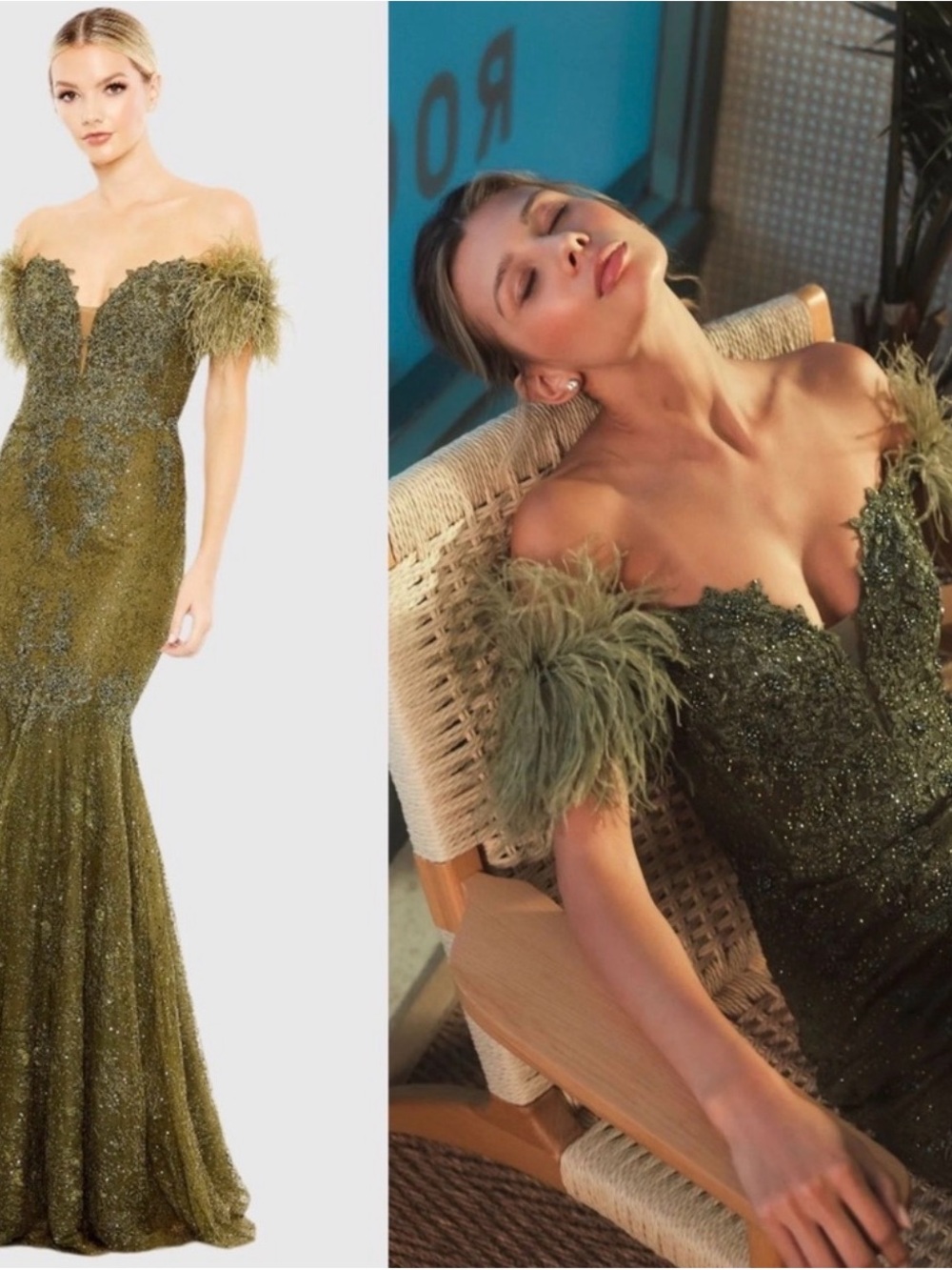Mac Duggal Olive Green Off-Shoulder Feather Trim Mermaid Gown